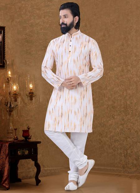 White And Yellow Colour New Printed Ethnic Wear Cotton Mens Kurta Pajama Collection KS 1555